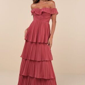 Lulus Always Remarkable Rusty Rose Pleated Off-the-shoulder Maxi Dress Pink